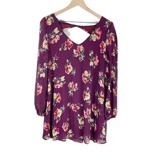 Impressions purple floral long sleeved slow shift dress womens size M